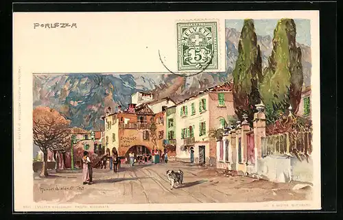 Künstler-AK Manuel Wielandt: Porlezza, Sonnige Strassenpartie mit Gasthaus