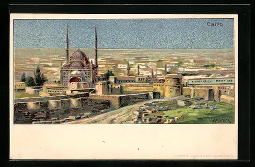 Künstler-AK Richard Hegedüs-Geiger: Kairo, Teilansicht mit Moschee aus der Vogelschau