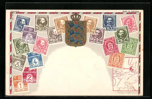 Künstler-AK Dänemark, Briefmarken und Wappen Dänemarks