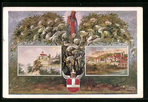 Künstler-AK Klosterneuburg, Ortsansicht im 17. Jahrhundert und die Babenbergerburg