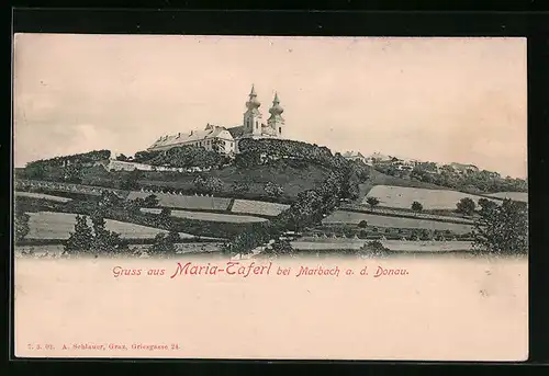 AK Marbach a. d. Donau, Kirche Maria-Taferl mit Feldern