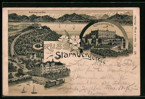 Lithographie Leoni /Starnbergersee, Rottmannshöhe, Dampfer auf Gewässer