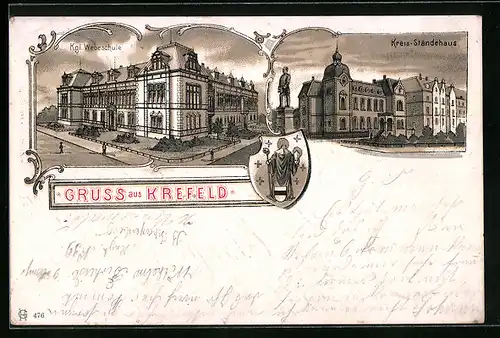 Lithographie Krefeld, Kgl. Webeschule und Kreis-Ständehaus