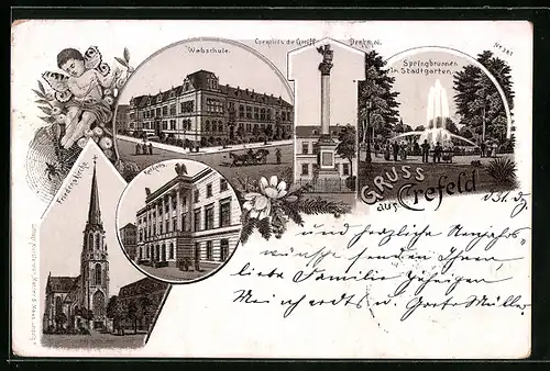 Lithographie Crefeld, Webschule, Springbrunnen im Stadtgarten, Friedenskirche