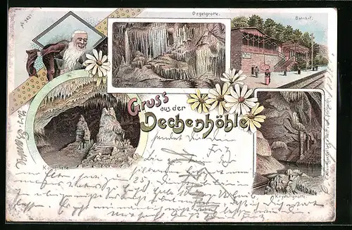 Lithographie Iserlohn, Dechenhöhle, Orgelgrotte, Bahnhof, Krystallgrotte