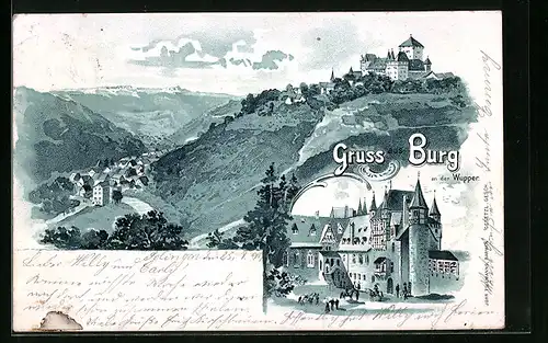 Lithographie Burg an der Wupper, Blick auf das Schloss