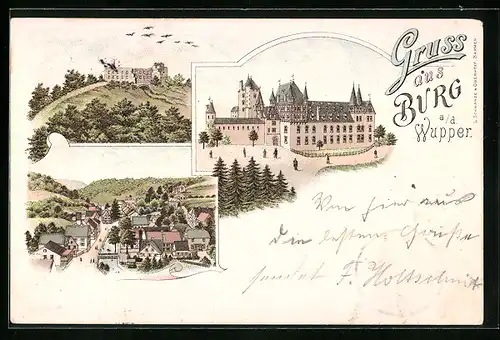 Lithographie Burg a. d. Wupper, Ansicht Schloss