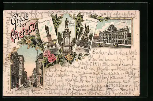 Lithographie Crefeld, Bismarck-Denkmal, Krieger-Denkmal, Postamt