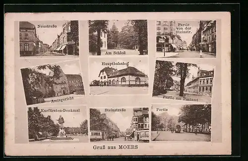 AK Moers, Neustrasse, Hauptbahnhof, Steinstrasse