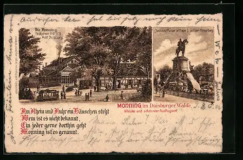Lithographie Monning im Duisburger Wald, Gasthaus und Denkmal Kaiser Wilhelm I.
