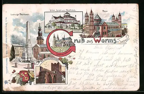 Lithographie Worms, Ludwigs-Denkmal, Liebfrauenkirche, Dom