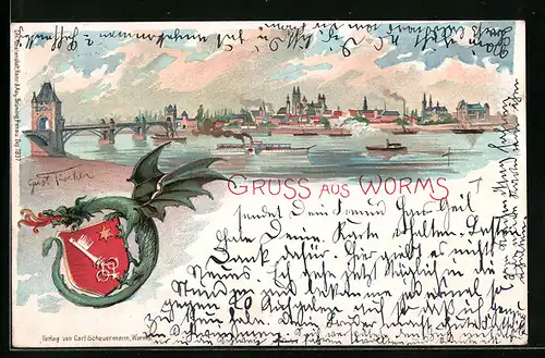 Lithographie Worms, Flusspartie mit Dampfern