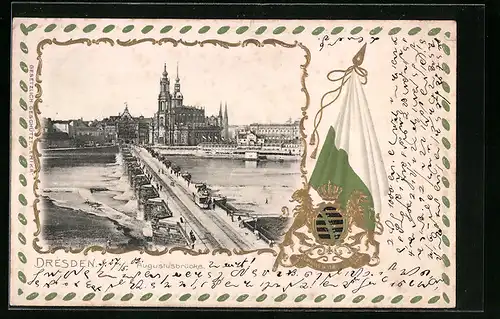 Präge-AK Dresden, Kirche und Augustusbrücke, Wappen, Passepartout