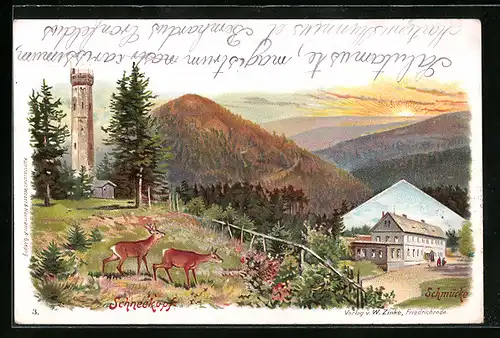 Künstler-AK Schneekopf, Gasthaus Schmücke, Aussichtsturm mit Rehen