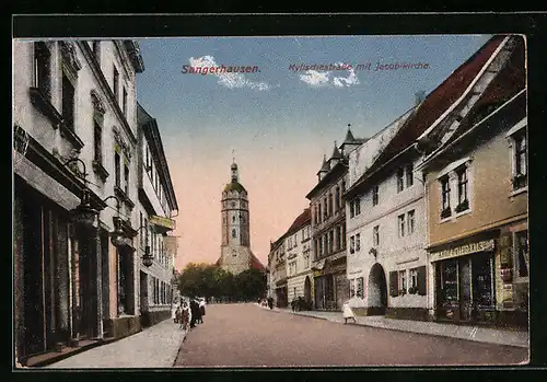 AK Sangerhausen, Kylischestrasse mit Geschäften und Jacobikirche