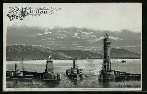 Mondschein-Lithographie Lindau, Hafeneinfahrt mit Leuchtturm und Dampfer