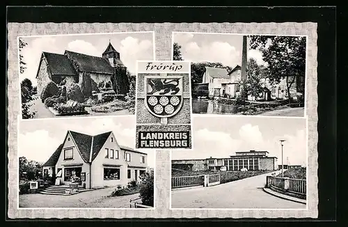 AK Frörup über Flensburg, Geschäft, Kirche, Uferpartie