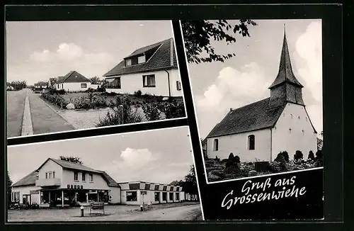 AK Grossenwiehe /Kr. Flensburg, Strassenpartie mit Edeka-Geschäft, Kirche, Ortspartie
