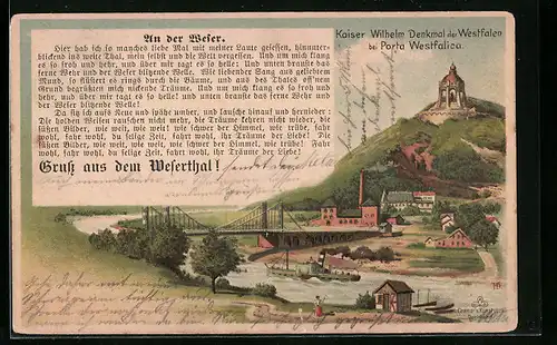 Lithographie Porta Westfalica, Denkmal mit Umgebung, Text An der Weser