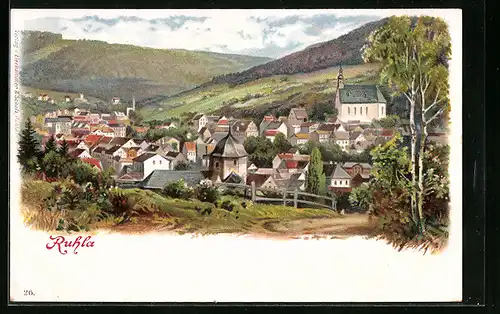 Lithographie Ruhla, Ortsansicht mit Bergblick