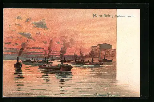 Lithographie Mannheim, Hafen in der Abendsonne