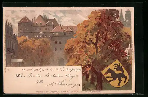 Lithographie Stuttgart, Schlossplatz und Wappen