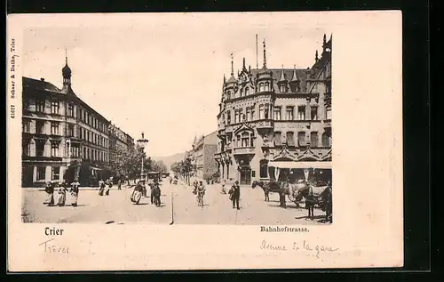 AK Trier, Bahnhofstrasse mit Pferdekutschen