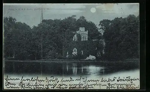 Mondschein-AK Biebrich, Ruine im Park