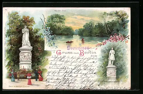 Lithographie Berlin, Neuer See, Denkmal von Königin Louise und Friedrich Wilhelm III.