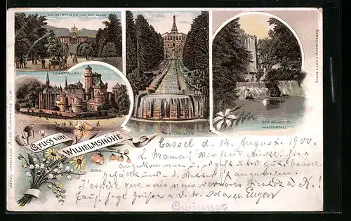 Lithographie Wilhelmshöhe, Die Kaskaden, Der Aquaduct-Wasserfall, Löwenburg