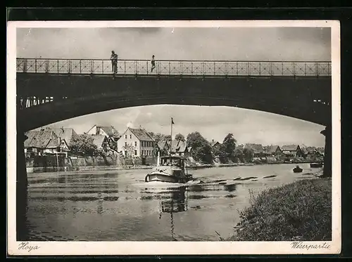 AK Hoya, Weserpartie mit Dampfer und Brücke