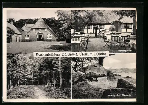 AK Stenum i. Oldbg., Backenköhlers Gaststätte, Gartenpartie, Waldweg, Hünengrab