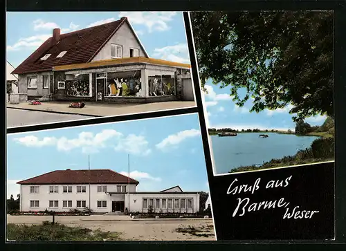 AK Barme /Weser, Flusspartie mit Schiffen, Schule