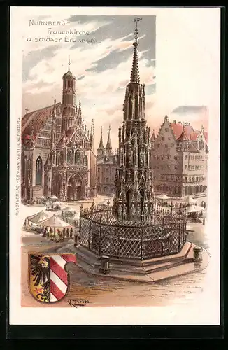 Präge-Lithographie Nürnberg, Frauenkirche u. schöner Brunnen