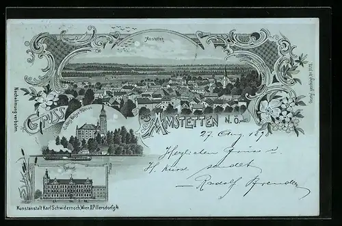 Mondschein-Lithographie Amstetten, Ortsansicht, Rathaus, Schloss Wallsee