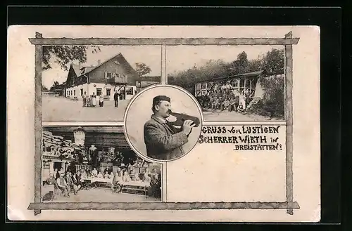 AK Dreistätten, Gasthaus Lustiger Scherrer Wirth mit musizierendem Wirt