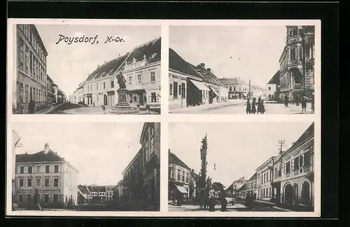 AK Poysdorf, Ortspartien, Strassenpartie mit Denkmal