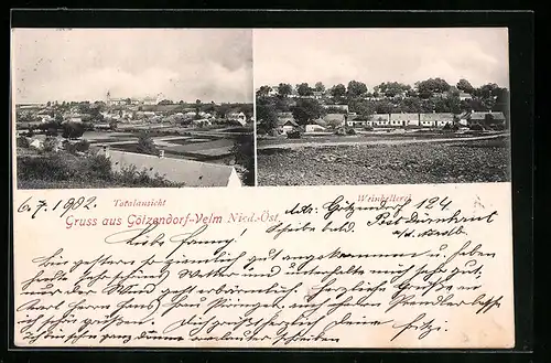 AK Götzendorf-Velm, Weinkellerei, Totalansicht der Ortschaft