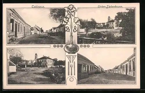 AK Untersiebenbrunn, Strassenpartie mit Geschäft, Ortspartie mit Kirche, Strassenpartie mit Gebäudeansicht