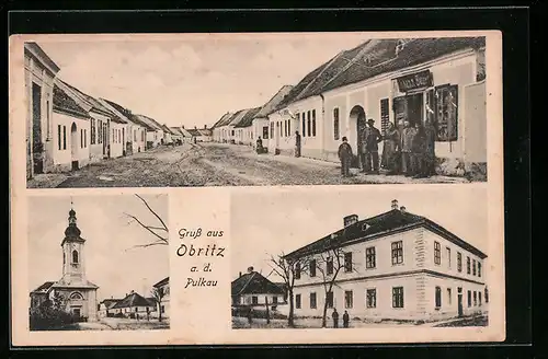 AK Obritz a. d. Pulkau, Strassenpartie mit Geschäft, Kirche, Ortspartie