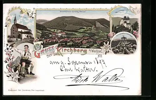 Lithographie Kirchberg a. Wechsel, Aussichtswarte a. d. Wolfenkogel, Wartenstein, St. Corona