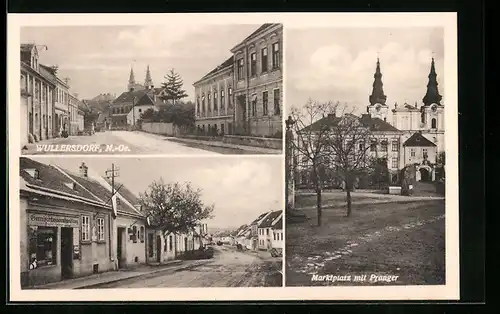AK Wullersdorf, Strassenpartie mit Gemischtwarenhandlung, Marktplatz mit Pranger