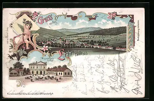 Lithographie Laab am Walde, Weissenbergers Gasthof, Panorama