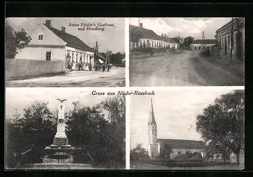 AK Nieder-Russbach, Anton Pfeifer`s Gasthaus und Handlung, Strassenpartie, Kirche, Denkmal