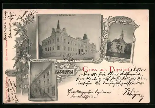 AK Poysdorf, Gemeinde Gasthof, K.K. Bezirksgericht, Maria-Brünndl Kirche