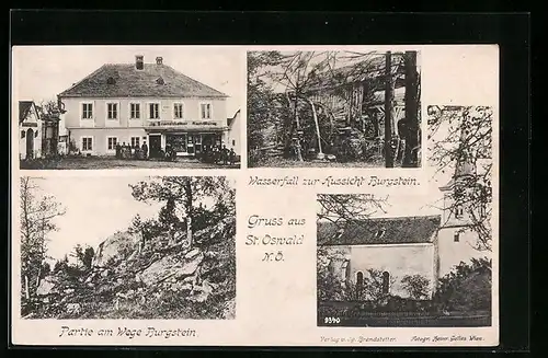 AK St. Oswald, Wasserfall zur Aussicht Burgstein, Kirche, Jg. Branstetter Handlung
