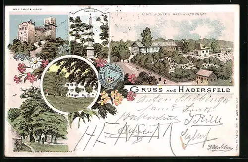 Lithographie Hadersfeld, Alois Aigners Gasthaus, Obelisk, Ruine Greifenstein