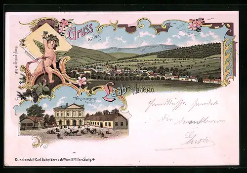 Lithographie Laab am Walde, Weissenberger`s Gasthof, Totalansicht des Ortes