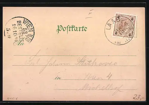 Lithographie Laab am Walde, Weissenberger`s Gasthof, Totalansicht des Ortes