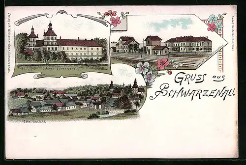 Lithographie Schwarzenau, Schloss Schwarzenau, Totalansicht, Bahnhof mit Restauration